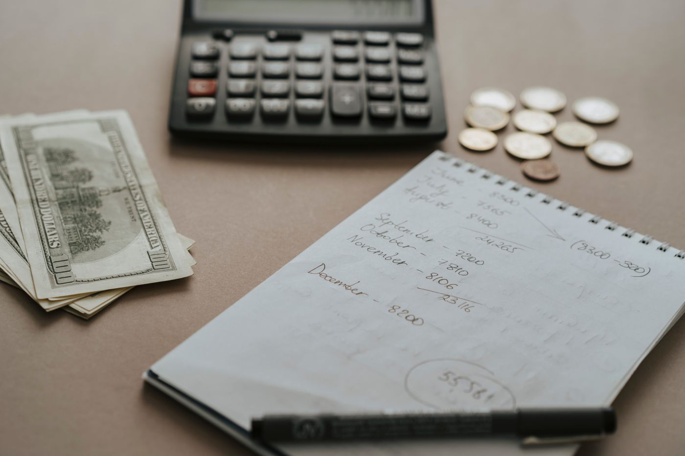 Cuánto invertir en publicidad online cuando estás empezando 1 Calculadora, billetes y una libreta con las cuentas de un negocio